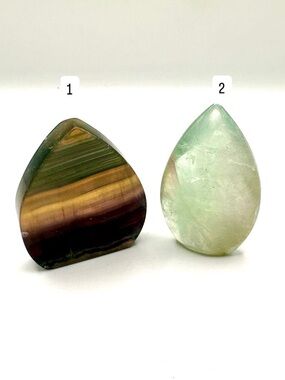 Set of 2 Fluorite Crystal Teardrop Carvings- Green Fluorite & Rainbow Fluorite
